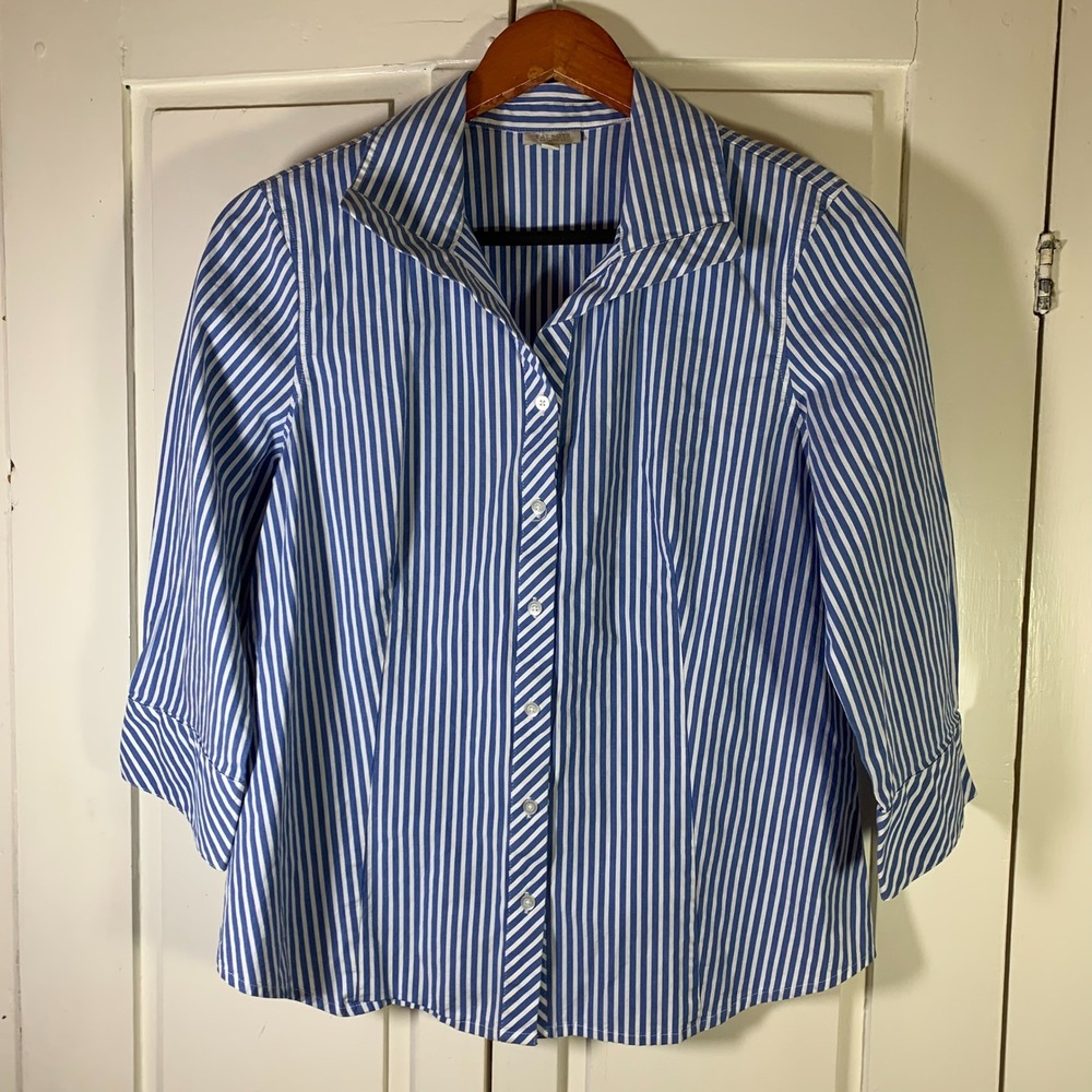Talbots Petites Blue White Striped Button Down Shirt 3/4 Sleeve‎ Size 14P